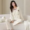 Pijama de Algodón Puro para Pareja Nuevo Estilo Otoño Cuello Redondo Primavera y Otoño Manga Larga Rayas Jersey Conjunto de Ropa para el Hogar con Pantalones Largos