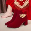 Zapatos de Boda para Novias, Atuendo de Boda Chino Tradicional, Zapatos de Tacón Alto para Mujer, Botines Cortos para el Brindis, Botas de Algodón Forradas de Polar Rojo 2026 Otoño e Invierno con Pedrería