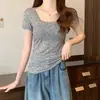Venta al por mayor del fabricante Camiseta de manga corta de Tencel acanalado de verano, estilo Chica Pícara Puro Deseo, diseño adelgazante que ciñe la cintura, con lunares, para mujer