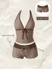 Traje de baño de dos piezas retro americano Y2K con lunares y bloques de color para mujer, cuello halter, que oculta el abdomen, adelgazante, conjunto de bañador para vacaciones al por mayor