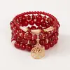 Pulsera de Pulsera con Colgante Redondo de Árbol de la Vida Hueco Bohemio Elástica Multicapa con Cuentas