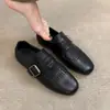 Versión de Piel de Oveja ~ Mocasines Retro Brogue de Piel Genuina con Punta Cuadrada para Mujer, Versátiles Zapatos Pequeños de Piel con Hebilla Negra y Borla