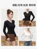 Camiseta de mujer sexy con escote en V de encaje, hombro normal, manga larga, color liso, corte ajustado, que realza la figura, capa base para otoño/invierno, top moderno y elegante