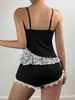 Conjunto de Pijama de Top Camisola con Ribete de Encaje Negro y Shorts Ropa de Salón