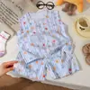 Traje de Algodón y Seda de Manga Corta para Niños y Niñas, Shorts, Sin Mangas, Hombros Anchos, Dibujos Animados, Conjunto de Verano de Dos Piezas de Algodón y Seda para Niños
