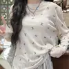 Camiseta Elegante com Estampa de Laços Semitransparente de Manga Longa para Mulheres, Outono Simples Fina Solta Gola Redonda