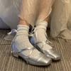 Zapatos de Ballet de Cuero Plateados Zapatos Mary Jane Franceses Zapatos de Punta Cuadrada de Tacón Bajo Zapatos de Mujer para Primavera y Otoño Tarde en la Noche