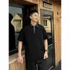 Camiseta Masculina Verão Tendência Marca Falsa Duas Peças Gola Jeans Manga Curta Meio Zíper Polo Peso Pesado Manga Curta Casual Manga de Cinco Pontos