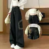 Jeans Denim Workwear Azul Escuro Retrô Tamanho Grande para Mulheres Gordas Estilo de Rua Americano Calças de Perna Larga Soltas Emagrecedoras