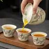 Tazón Tesoro de Cerámica Ru Color Beige con Diseño de Caqui Pintado a Mano y Gato Lindo, Juego de Té de Cerámica para Uso Doméstico, Tazón de Té Individual