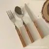 Conjunto de Faca, Garfo e Colher em Aço Inoxidável 304 com Jacarandá e Cabos de Madeira Maciça, Conjunto de Facas de Churrasco de Três Peças para Restaurante, Talheres Vintage para Uso Doméstico