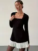 Elegante Vestido Longo Feminino Retrô Francês de Manga Longa Plissado