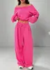 Conjunto Casual Transfronteiriço Europeu e Americano 2025, Moletom de Cor Sólida para Mulheres, Conjunto Soltinho de Tricô Off-Shoulder de Manga Curta Longa