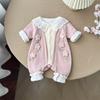 Primavera y Otoño Nuevo Bebé Niña Manga Larga Estilo Occidental Fuera de Casa Cuello con Cordones Flor de Lana Doble Capa Manga Larga Ropa de Una Pieza