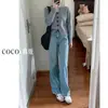 Jeans de tiro alto azul claro de pierna ancha estrecha para mujer 2024 Verano Nuevos Retro Adelgazantes Versátiles Pantalones Rectos