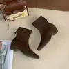 Botines 2026 Gamuza Punta Cuadrada Otoño/Invierno Botines Cortos para Mujer Marrones Botas Adelgazantes Diseño Elástico para Mujeres Menudas Diseño Nuevo Francés