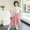 Conjunto de Verano para Niñas: Nuevo Conjunto de Dos Piezas para Niños Mayores: Camiseta de Manga Corta Estilo Coreano con Encaje y Falda de Capas a Cuadros