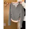 Camiseta De Rong com Botões Color Block Decote V Falsa Peça Dupla Manga Longa para Mulheres, Novo Estilo Outono e Inverno, Caimento Normal nos Ombros, Top Emagrecedor, Tendência