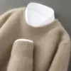 Suéter de lana 100% pura para hombre para otoño e invierno, cuello redondo, engrosado, corte holgado, color liso, sarga, camiseta base de punto casual de negocios