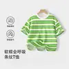 Camiseta de Verano Nueva de Algodón Puro a Rayas de Manga Corta para Niños Pequeños, Top Delgado Holgado Elegante de Media Manga para Niños