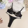 Conjunto de Lingerie Sexy para Comércio Exterior Transfronteiriço com Renda Transparente, Apliques de Strass Feitos à Mão e Efeito Push-Up, Brilhante
