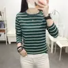 Ropa de Primavera y Otoño Cubre Vientre Top de Algodón Camiseta de Manga Larga para Mujer Holgada Talla Grande Rayas Ropa de Otoño Camiseta Base Fina Interior