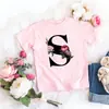 Camiseta rosa niña letra flor linda estilo ins dulce top manga corta creativa verano 2022 transfronterizo