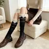 Calcetines finos de verano estilo retro japonés con ribete de encaje y volantes, con patrón de rombos calados, hasta la rodilla para mujer