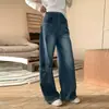 Calça jeans gestante azul de cintura alta com bolsos, perna larga, corte solto para mulheres, adequada para outono e inverno, novo modelo 2026, tamanhos grandes, efeito emagrecedor