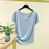 Camiseta base de manga corta para mujer, color liso, con volantes, holgada, sin costuras, talla grande, cuello redondo