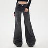 Naranja Infantil # Calle Alta Americana Chica Picante Patrón de Bambú Pantalones de Campana de Tiro Bajo para Mujer Elásticos Adelgazantes Versátiles de Longitud Completa Modernos