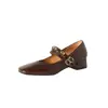 Sapatos Sandálias Mary Jane Femininos Estilo Retro Francês Novo Fivela Dupla de Metal Salto Grosso Baixo 3,5 cm