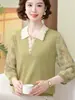 Ropa de Moda de Primavera para Mamás: Top de punto con cuello camisero y mangas transparentes, Camiseta fina de manga tres cuartos para mujeres de mediana edad y mayores