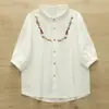Camisa de Gasa de Algodón con Bordado de Flores de Colores y Botones, Manga Tres Cuartos, para Mujer, Verano, Artística, Aspecto Adelgazante, Top Cárdigan