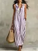 2026 Sitio Web Independiente Europeo y Americano Amazon Aliexpress Nuevo Vestido Largo Estampado Rayado de Mangas Acampanadas Estilo Bohemio Primavera y Verano
