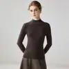 Suéter de cachemira acanalado de cuello medio simple y elegante para mujer, color liso, corte ajustado, suave, suéter base de lana de manga larga