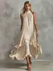Vestido de Praia Casual Elegante Retro de Verão Europeu e Americano Branco Sem Mangas com Babados de Comprimento Médio para Mulheres