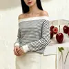 Top de malha listrado de manga longa, ombro a ombro, com caimento solto, estilo coreano, para mulheres, nova coleção primavera/outono, design puro e chique