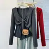 Camiseta de manga larga talla grande para mujer, estilo coreano, diseño elegante, adelgazante y favorecedora, con cintas, adecuada para usar en capas 0791