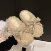 Pantuflas de exterior para mujer hechas de lana de cordero, pantuflas de felpa con lazo para dama, pantuflas de algodón lindas y cálidas para interior para otoño e invierno