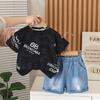 2025 Nuevo Verano para Niños Ropa de Verano para Niños Estampado Completo de Letras Manga Corta Dos Piezas Estilo Occidental Ropa para Niños