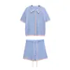 Conjunto de Malha Casual Feminino Novo para Exportação Transfronteiriça Europeia e Americana: Camisa Polo de Malha + Conjunto de Shorts de Malha