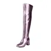 Botas Femininas de Cano Alto com Couro Patente Brilhante, Plataforma Impermeável, Salto Alto Grosso, Zíper Lateral, Botas Longas Acima do Joelho, Botas de Cavaleiro Estilo Doce, Botas de Cano Alto