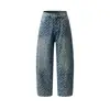 Jeans de mezclilla desgastados para hombre con estampados de letras, estilo punk de alta costura, diseño lavado, pantalones rectos holgados de pierna ancha de nicho
