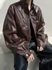 Traje de Motociclista Negro High Street Piel PU para Hombre Primavera y Otoño Estilo Americano Retro Sentido de Alta Gama Pupai Cuello Atractivo Chaqueta de Trabajo