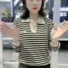 Camiseta tipo polo de manga larga para mujer, primavera y otoño, temperamento moderno, a rayas, holgada, combina con todo, cubre abdomen, básica, top casual