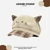 Gorra Octagonal de Estilo Japonés con Orejas de Gato a Cuadros Linda para Niñas, Cuadros Patchwork de Primavera y Otoño, Hace que la Cara Parezca Más Pequeña, Gorra de Boina Versátil