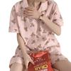 Ins estilo coreano rosa azul cuadros oso caricatura pijama dulce para mujer manga corta shorts solapa cárdigan seda de leche ropa para el hogar