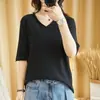 26 Nuevo Estilo de Primavera Camiseta de Punto de Algodón Puro Suéter Manga Media Cuello en V Color Sólido Delgado Versátil Manga Tres Cuartos Camiseta Básica para Mujer