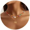 Collar de Cadena de Clavícula en Capas con Colgante de 26 Letras Transfronterizo Nuevo Europeo y Americano, Piedra Natural, Corazón, Combinación de Colores Dopamina, con Cuentas